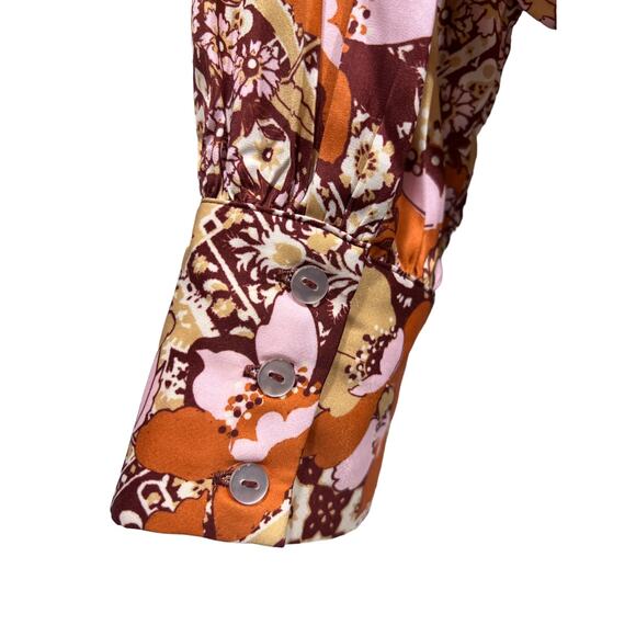 Free People Top Womens XS Satin Warm Tone Floral Print U-Neck Collared Blouse - Picture 10 of 13